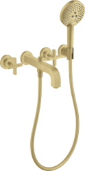Смеситель для ванны Axor Citterio двухвентильный, с крестообразными рукоятками, настенный, неповоротный, латунный, длина излива 22,2 см, керамический, цвет шлифованное золото, с душевым шлангом/лейкой/держателем, с розетками, на 3 отверстия