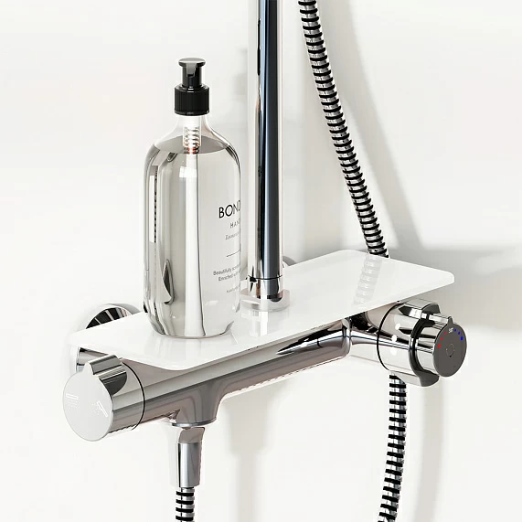 Душевая система Damixa Jupiter, высота 1050-1450 мм, цвет хром, комплект: термостатический смеситель/тропический душ (с верхней лейкой)/стойка/лейка/шланг