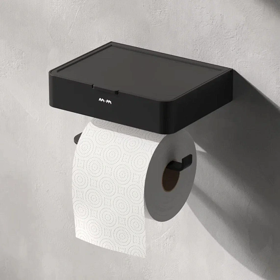 Держатель для туалетной бумаги AM.PM Inspire V2.0, с полкой, черный матовый, настенный, сплав металлов, форма прямоугольная, для туалета/ванной, бумагодержатель
