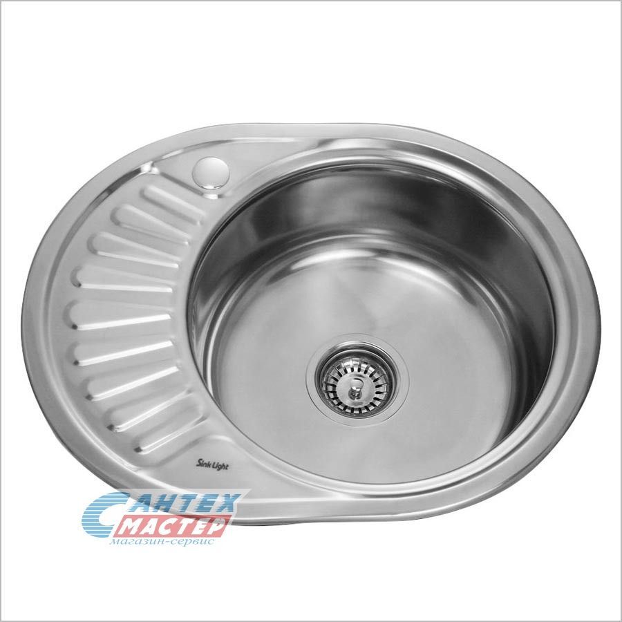 Мойка SinkLight 57х45х16 см, толщина 0.6 мм, с правым крылом, врезная, нержавеющая сталь, овальная, цвет полированная, с отверстием под смеситель, слив-перелив, с сифоном, для кухни