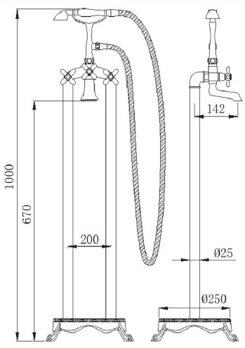 Смеситель для ванны/душа Comforty, двухвентильный, напольный, керамический, неповоротный, длина излива 200 мм, латунь, цвет золото