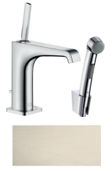 Смеситель для раковины Axor Citterio E 130 с гигиеническим душем/лейкой, однорычажный, фиксированный излив, длина 14,3 см, керамический, латунь, цвет шлифованный никель, шланг 160 см, для биде, сливной клапан Push-Open