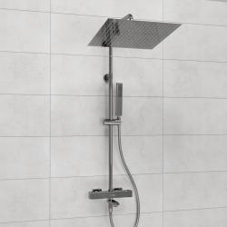 Душевая система WasserKRAFT, высота 840-1150 мм, цвет хром, комплект: термостатический смеситель/излив/тропический душ (с верхней лейкой)/стойка/лейка/шланг, наружного монтажа