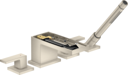 Смеситель для ванны Axor MyEdition на борт ванны двухвентильный, без панели, фиксированный, латунный, длина излива 15,1 см, керамический, цвет шлифованный никель, с душевым шлангом/лейкой, на 4 отверстия