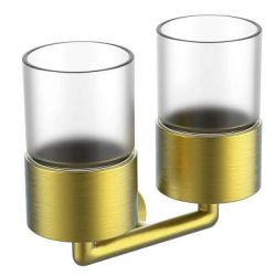 Стакан с держателем Raglo R320.08.03 двойной, с держателем, настенный, латунь/стекло, для зубных щеток в ванную/туалет/душевую кабину, цвет сатин золотой
