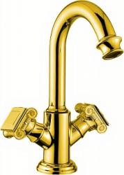 Смеситель для раковины Cezares Aphrodite, двухвентильный, высокий, длина излива 155 мм, поворотный, керамический, латунь, цвет золото 24 карат, с донным клапаном