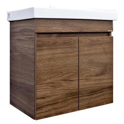 Тумба с раковиной Comforty Осло 60, 60х63х40 см, подвесная, 2 распашные дверцы, ЛДСП, прямоугольная, цвет- дуб темно-коричневый/раковина Fest 60, прямоугольная, цвет белый, встраиваемая
