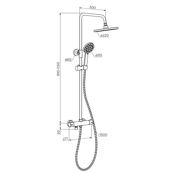 Душевая система Dorff Futura, высота 810-1130 мм, цвет хром, комплект: термостатический смеситель/излив/тропический душ (с верхней лейкой)/стойка/лейка/шланг, латунь/пластик/нержавеющая сталь