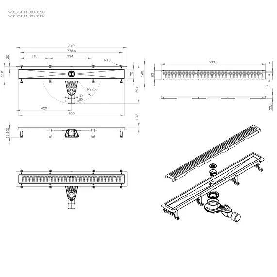 Душевой трап (лоток) AM.PM MasterFlow 800 мм комбинированный затвор с черной матовой решеткой, цвет черный матовый, выходная труба 40/50 мм, линейный