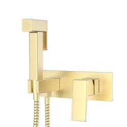 Смеситель с гигиеническим душем Splenka S01.52.03 встраиваемый, однорычажный, керамический, без излива, с гибким шлангом/лейкой, латунь/пластик, цвет сатин золотой