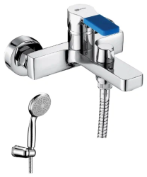 Смеситель для ванны/душа Lemark Aura, настенный, однорычажный, неповоротный, длина излива 182 мм, керамический, латунь, цвет хром/синий