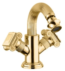 Смеситель для биде Cezares Olimp, двухвентильный, низкий, длина излива 135 мм, неповоротный, керамический, латунь, цвет золото 24 карат, с донным клапаном