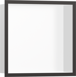 Полка Hansgrohe XtraStoris Individual 300/300/100, с дизайнерской рамой, размер 30х30х10 см, встраиваемая в нишу, форма прямоугольная, цвет матовый белый/шлифованный черный хром, нержавеющая сталь, встроенная/настенная, шкаф/короб
