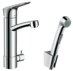 Смеситель для раковины Hansgrohe Logis с гигиеническим душем/лейкой,  однорычажный, поворотный, излив короткий, длина 13,8 см, керамический, латунь, цвет хром, с запорным клапаном