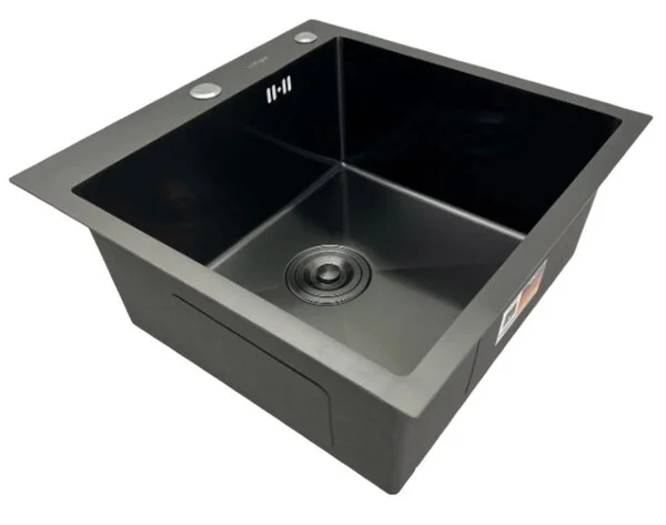 Мойка кухонная Hoffger 5045 врезная, Black (черная) 500х450х225 мм нержавеющая сталь, с PVD покрытием, с отверстием под смеситель, без крыла, слив-перелив