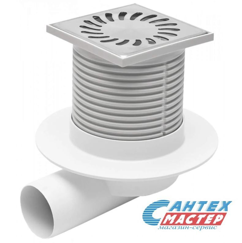 Трап для душа MCH 411 L 100х100 мм хром нерж решетка, горизонт боковой слив DN50 в полу, сливной, с сухим и гидрозатвором, комбинированный с воротником (Chudej)