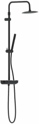 Душевая система Damixa Scandinavian Pure, высота 1050-1450 мм, цвет черный матовый, комплект: термостатический смеситель-полка/тропический душ (с верхней лейкой)/стойка/лейка/шланг, латунь/пластик