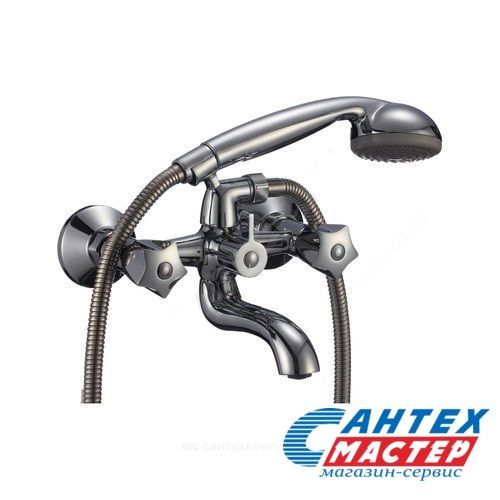 Смеситель для ванны/душа Славен двухвентильный, керамический, настенный, излив фиксированный 150 мм, с гибким шлангом, душем/лейкой, латунь хром, короткий, универсальный, горизонтальный, вентильный, кран, комплект, сантехника, размер, характеристики