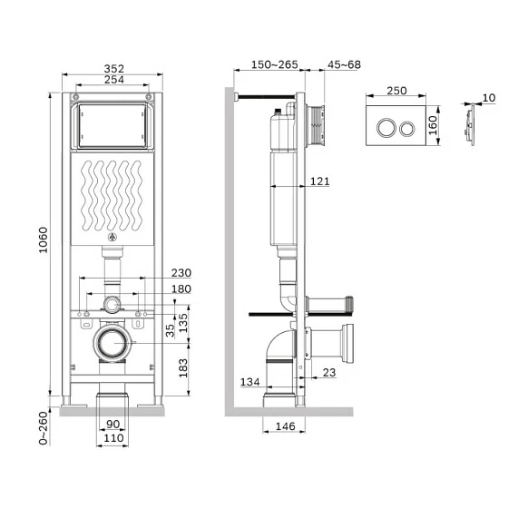 Инсталляция AM.PM ErgoFit с механической клавишей ErgoFit L цвет черный матовый (клавиша смыва, двойного слива), система для подвесного унитаза, со скрытым смывным бачком (бак), комплект