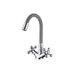 Смеситель для кухни/мойки Accoona, двухвентильный, поворотный/гибкий, керамический, длина излива 162 мм, цинк, цвет серый/хром