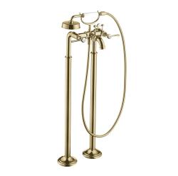 Смеситель для ванны Axor Montreux напольный, двухвентильный, с рычаговыми рукоятками, неповоротный, латунный, длина излива 23,4 см, керамический, цвет шлифованный никель, с душевым шлангом/держателем/лейкой