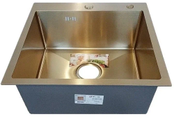 Мойка кухонная Aflorn Premium, 50х50 см, врезная, нержавеющая сталь, квадратная, цвет: золотой сатин, с отверстием под смеситель, слив-перелив, без крыла