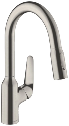 Смеситель для кухни/мойки Hansgrohe Focus M42, 180 2jet, однорычажный, керамический, с поворотным/вытяжным изливом, длина 22,4 см, латунь, цвет под сталь