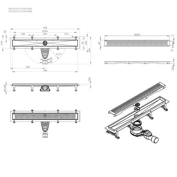 Душевой трап (лоток) AM.PM MasterFlow 700 мм комбинированный затвор с черной матовой решеткой, цвет черный матовый, выходная труба 40/50 мм, линейный