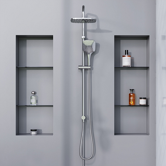 Душевой гарнитур Damixa Eclipse высота 1010 мм, цвет хром, без смесителя, комплект: тропический душ (с верхней лейкой)/стойка/лейка/шланг, настенная, нержавеющая сталь/ABS-пластик/ПВХ