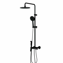 Душевая система Damixa Jupiter, высота 1050-1450 мм, цвет черный матовый, комплект: смеситель/излив/гигиенический душ/тропический душ круглый (с верхней лейкой)/стойка/лейка/шланг, сталь/пластик/латунь