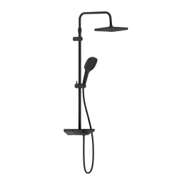 Душевая система Damixa Merkur, высота 1050-1450 мм, цвет черный матовый, комплект: смеситель/излив/тропический душ прямоугольный (с верхней лейкой)/стойка/лейка/шланг, латунь/пластик