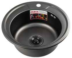 Мойка кухонная Fabia Profi, 49х49 см, врезная, нержавеющая сталь, круглая, цвет: графит, с отверстием под смеситель, слив-перелив, без крыла