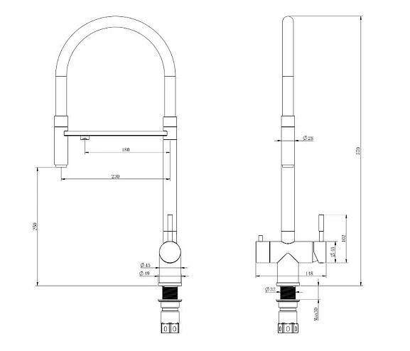 Смеситель для кухни/мойки Knotlor Infinity, с подключением к фильтру, однорычажный, поворотный, керамический, R-излив, гибкий, длина 230 мм, матовый черный/черный, нержавеющая сталь SS-16/BL