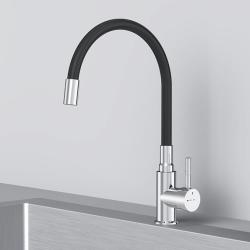 Смеситель для кухни/мойки Am.Pm X-Joy S однорычажный, поворотный/гибкий излив, высокий, керамический картридж, длина 260 мм, нержавеющая сталь/силикон, цвет хром, черный излив