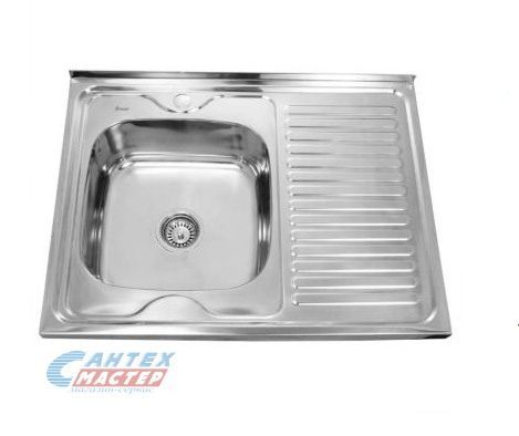 Мойка Sink Light, 80х60 см, толщина 0.8 мм, с правым крылом, с сифоном, накладная, нержавеющая сталь, прямоугольная, цвет полированная, отверстие под смеситель, для кухни, прямая, встроенная