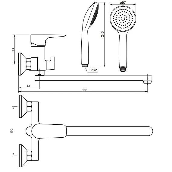 Смеситель для ванны/душа Damixa Origin Evo 2 однорычажный, хромированный, настенный, излив длинный универсальный, длина 350 мм, с аксессуарами, с шлангом/лейкой