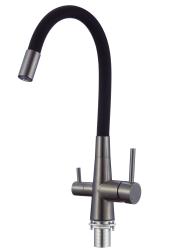 Смеситель для кухни/мойки Esko Coral с каналом для фильтрованной воды, однорычажный, поворотный, керамический картридж, гибкий излив 250 мм, высота излива 190 мм латунь, цвет графит/черный CL03GMB