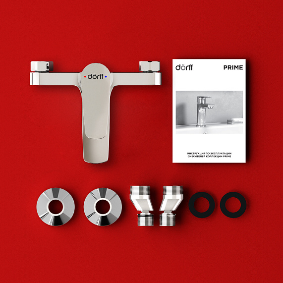 Смеситель для ванны/душа Dorff Prime однорычажный, керамический, настенный, излив короткий литой, без шланга/лейки, латунь, цвет хром