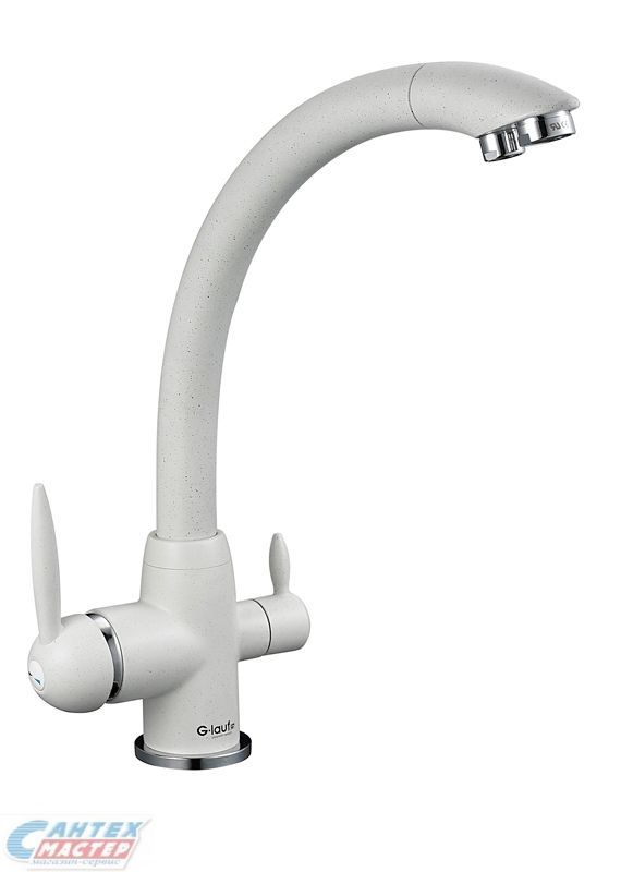 Смеситель для кухни/мойки G-lauf однорычажный, поворотный, керамический, с высоким изливом, длина 233 мм, с каналом для фильтрованной воды, латунь, цвет белый, кухонный, хромированный, вертикальный, однорукий, одноручный, однозахватный, одноручковые