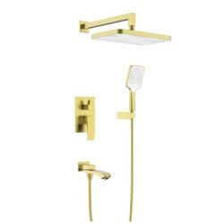 Душевая система Raglo R01.27.03 встраиваемая, цвет сатин золотой, комплект: однорычажный смеситель/излив/тропический душ прямоугольный (с верхней лейкой)/лейка/шланг, скрытый монтаж
