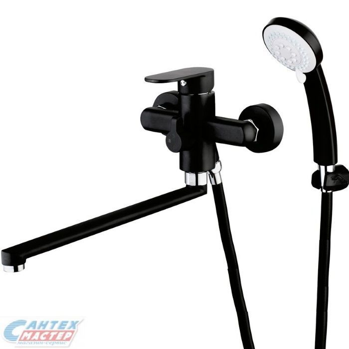 Смеситель для ванны/душа G-lauf однорычажный, керамический, настенный, излив поворотный 320 мм, с гибким шлангом, душем/лейкой, латунь, цвет чёрный, длинный, универсальный, горизонтальный, рычажный, кран, комплект, сантехника, размер, характеристики