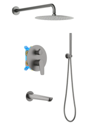 Душевая система Aquatek Бетта 4 в 1 встраиваемая, цвет оружейная сталь, комплект: однорычажный, смеситель/излив/тропический душ (с верхней лейкой)/лейка/шланг, встраиваемый (скрытый) монтаж