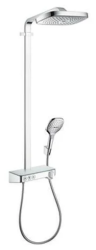 Душевая система Hansgrohe Raindance Select E Showerpipe 300 3jet, высота 110 см, цвет хром/белый, комплект: верхний душ/ручной душ/термостат для душа/штанга для душа/держатель для душа, наружного монтажа, настенная, латунная, с термостатом, для душа/