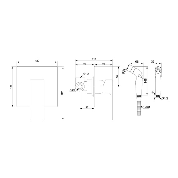Смеситель с гигиеническим душем Damixa Gala однорычажный, скрытого монтажа, керамический, настенный, латунь, цвет хром, встраиваемый