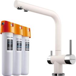 Комплект: смеситель для кухни Omoikiri Nagano-PA + фильтр Pure drop Lite для очистки воды трехступенчатый, смеситель однорычажный, поворотный, керамический, длина излива 206 мм, латунь, цвет пастила