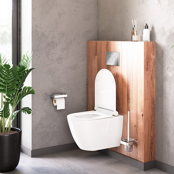 Унитаз подвесной Damixa Apollo, цвет белый, горизонтальный (прямой, в стену) выпуск, безободковый, санфарфор, с сиденьем микролифт, дюропласт, под скрытый бачок