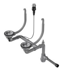 Двойной сифон Omoikiri WK-2-R-A-IN, для двухчашевых кухонных моек, круглый перелив, цвет: нержавеющая сталь, с клапаном-автоматом, с переливом