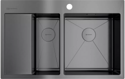 Мойка кухонная Omoikiri Akisame 78-2-GM-R, две чаши, 51х78 см, врезная, из нержавеющей стали, прямоугольная, цвет вороненая сталь, с отверстием под смеситель, с крылом слева, слив-перелив, врезная в столещницу, для кухни