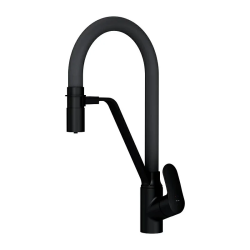 Смеситель для кухни/мойки AM.PM Like, с каналом для питьевой воды, однорычажный, поворотный, керамический картридж, высокий, гибкий излив, длина излива 219 мм, латунь, цвет черный/серый