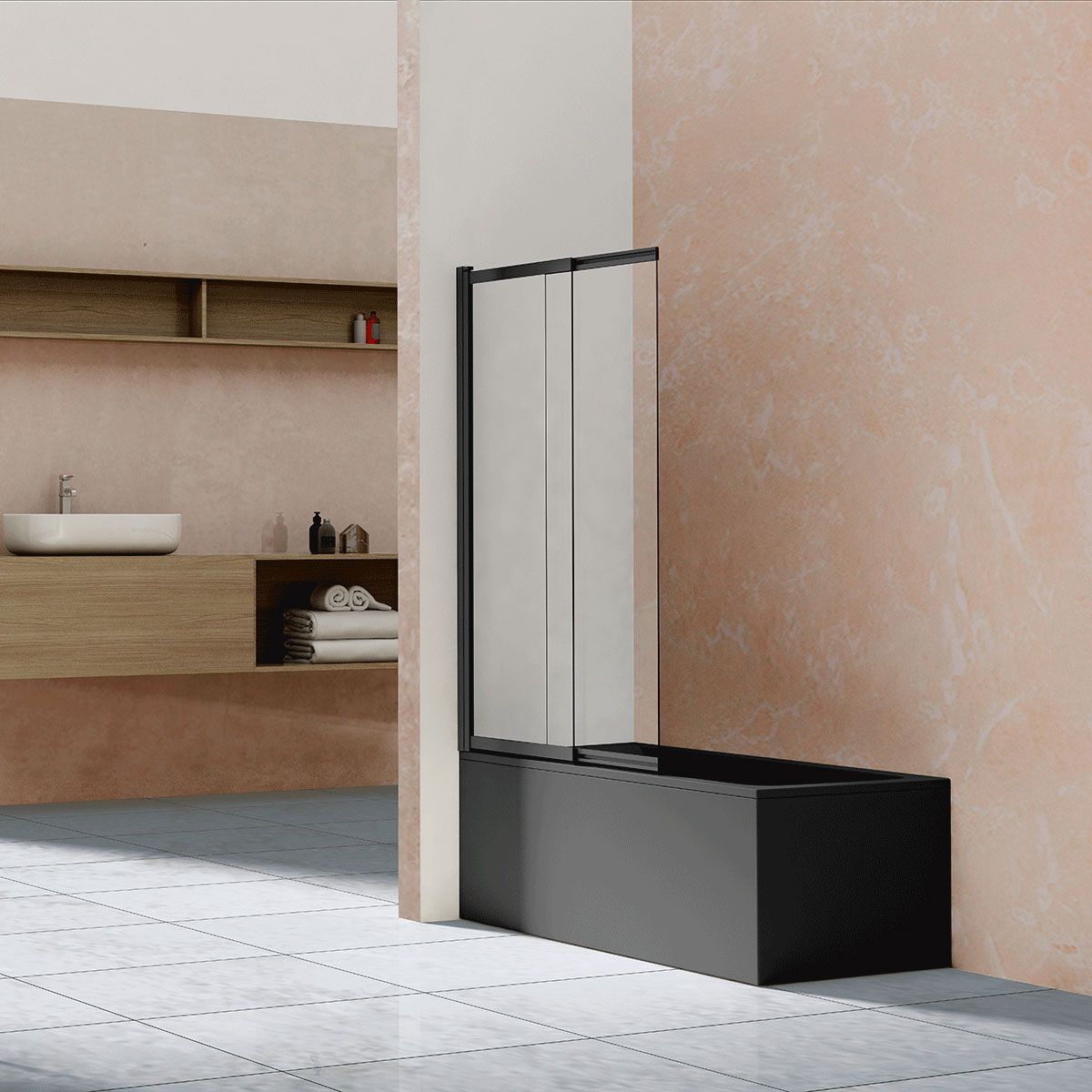 Шторка для ванны Vincea 100х145 см, стекло прозрачное, профиль черный, две секции, раздвижная дверь, плоская/ панель